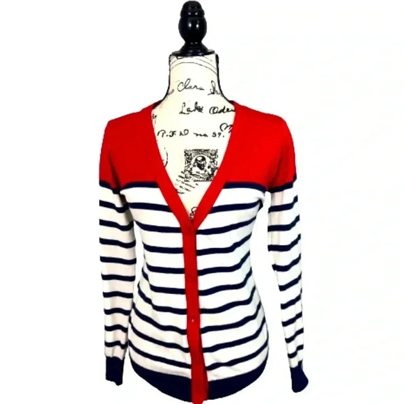 FOREVER 21 CARDIGAN SWEATER RED WJITE BLUE STRIPED BUTTON UP SIZE MEDIUM - Picture 1 of 8